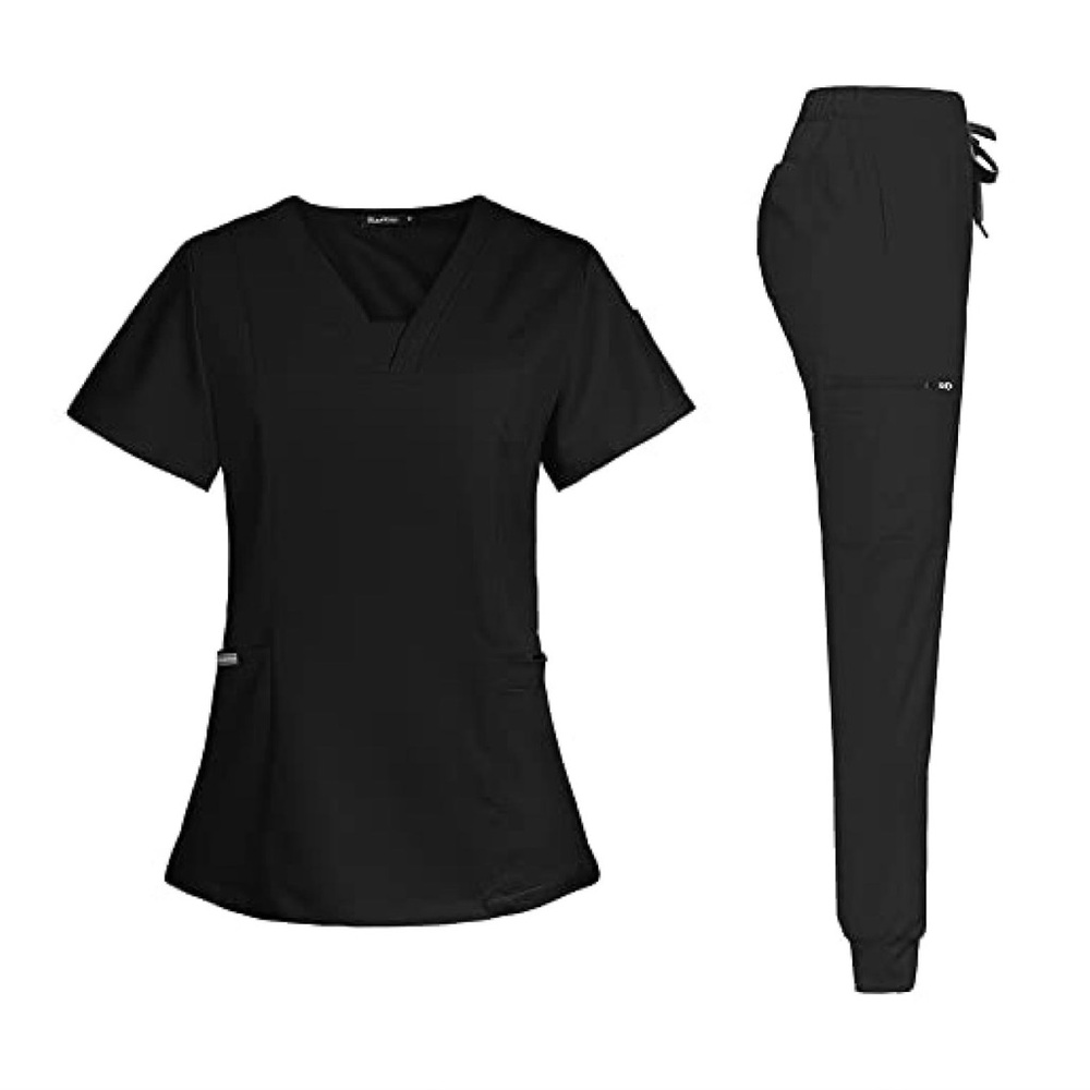 Black Niaahinn  Scrubs 2 piece Set with Light Gray Stitching and joggers XS - Picture 13 of 16